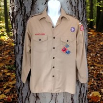 Boy Scouts Of America Mens Shirt M Multiple Patches Khaki Tan Long Sleeve Flag  - £31.15 GBP