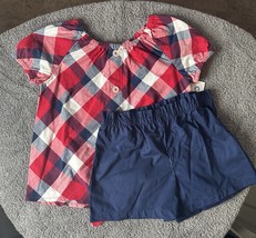 Carters Girls Red Plaid Shirt &amp; Blue Shorts Matching Set Size 2T - $15.83