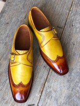 Handmade Mens Yellow Brown Wing Tip Leather Monk Strap Shoes, Men Designer Shoes - £115.89 GBP