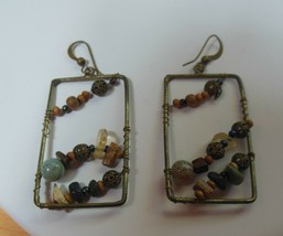 Unique Rectanguler Wire Beaded Hook Earrings 2&quot; Long x 1 1/8&quot; Wide - $9.41