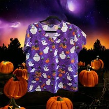 Womens Halloween Scrub Zikit Top Size L Ghosts Boo! Web  Pumpkins Nurse ... - £12.68 GBP