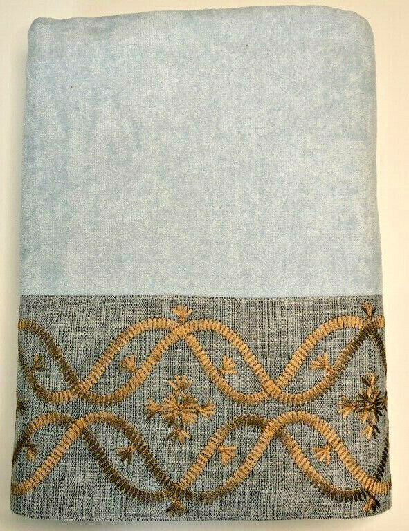 Avanti Bath Towel Blue Gray Gold Embroidered Embellished Jacquard Border 27x50 - $36.14