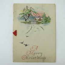 Antique Christmas Card Snowy House Trees Gate Road and Birds Flying Ribb... - $6.99