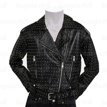 New Woman&#39;s Black Silver Studded Punk Unique Cowhide Biker Leather Jacke... - £314.53 GBP