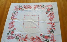 Vintage Cotton Linen Pink White Green Tablecloth Floral large - £9.89 GBP
