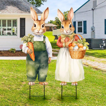 Easter Decorations Outdoor Yard Signs: 2Pcs Large Metal Vintage Bunny with Carro - £59.80 GBP
