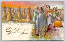 Thanksgiving Greetings Pilgrim Women in Field of Wheat &amp; Pumpkin Postcar... - £7.14 GBP