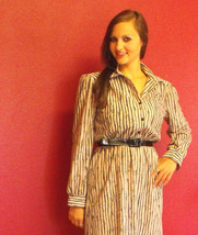 80s Secretary Dress Sheer Striped S M Beige Black Vtg Ajax - $9.99