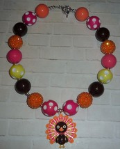 Turkey W/Orange Tips Enamel Pendant on Chunky Bubble Gum Bead Necklace f... - $20.00