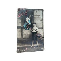 Vintage Postcard Dutch Young Boy Girl Love Flowers Congratulations RPPC ... - $9.50