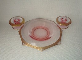 Tiffin Gold Encrusted RAMBLER ROSE Pink Glass Centerpiece Bowl &amp; Candles... - £51.43 GBP