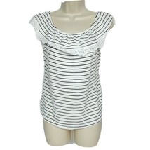 Cato Womens Blouse Top Small Black White Striped Lace Fringe Neckline - $19.80