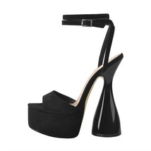 Women Black Flock Platform Ankle Strap High Heel Sandals Shoes  Female  Big Size - £102.38 GBP
