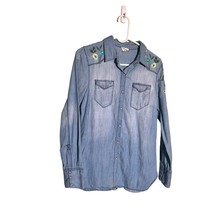 Tribal Jeans Womens Size PS Blue Denim Embroidered Chambray Snap Front Top - £9.54 GBP