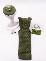 VINTAGE BARBIE OLIVE GREEN POLKA DOT PAK SHEATH DRESS - £62.47 GBP