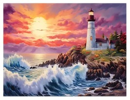 Lighthouse Overlooking Ocean With Crashing Waves Canvas Print Framed 12&quot;... - $13.98