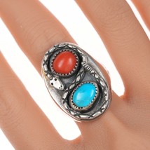 sz12 Native American silver, turquoise, and coral snake ring - £207.76 GBP