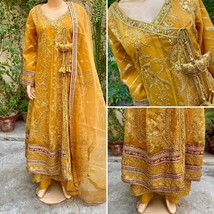 Pakistani Yellow Long double Maxi Style Embroidered Sequins organza Dress,XL - £109.06 GBP