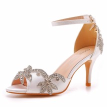 Women White Silk 7CM High Heels Banquet Rhinestone Wedding Shoes Sweet Wild Sing - £56.44 GBP