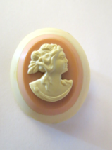 Antique Pink Cream Cameo Style Brooch Early Plastic Layered Stacked Oval... - £25.50 GBP