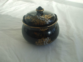 Black Glass Candy Or Sugar Dish With Lid Gold Paint Decoration Trim And ... - £24.03 GBP