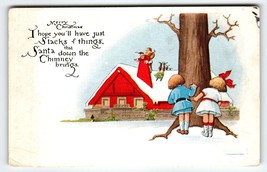 Santa Claus Christmas Postcard Saint Nick On Roof Children Hide Behind Tree 1915 - £14.88 GBP