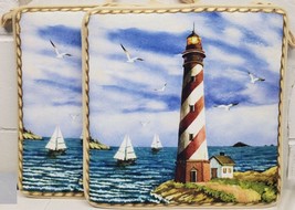 SET OF 2 SAME CUSHION CHAIR PADS w/ties (15&quot;x15&quot;)NAUTICAL, LIGHTHOUSE &amp; ... - £15.79 GBP