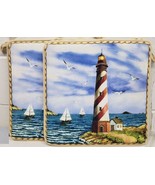 SET OF 2 SAME CUSHION CHAIR PADS w/ties (15&quot;x15&quot;)NAUTICAL, LIGHTHOUSE &amp; ... - £15.47 GBP