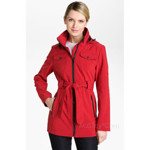 NWT LONDON FOG Red Belted Zip Jacket Detachable Hood Fleece Lining Coat ... - £63.86 GBP
