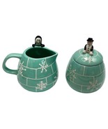 222 Fifth Arctic Holiday Creamer &amp; Sugar Bowl Lidded Blue Aqua Penguin S... - $44.50