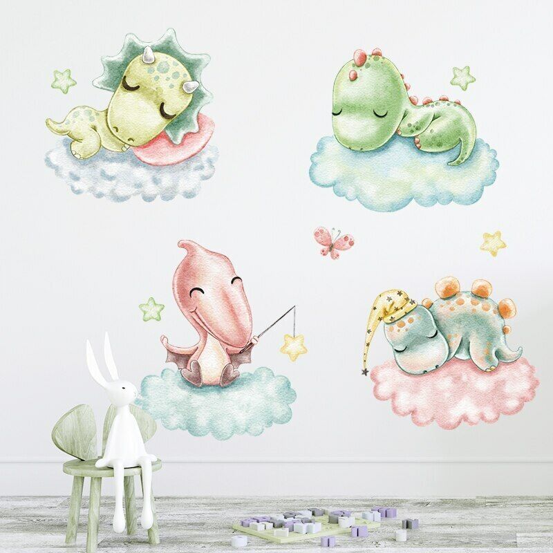 Watercolor Cartoon Baby Dinosaurs Sleeping on the Cloud Wall Stickers fo... - $6.36
