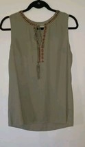 Daniel Rainn Women&#39;s Medium Sleeveless Moss Green Blouse Tassel Boho Embroidery - £14.46 GBP