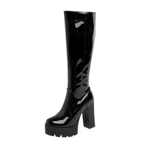 zipper Knee High Boots Women White Square Heel Long Boots Woman Patent Leather S - £61.88 GBP