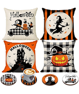 Halloween Spooky Pillow Cover 18 X 18 Set of 4 with 4 Bonus Coasters, Bu... - £15.60 GBP