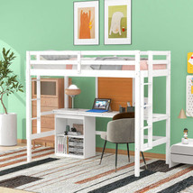 Twin Size Loft Bed With Desk And Writing Board, Wooden Loft Bed - White - $363.98