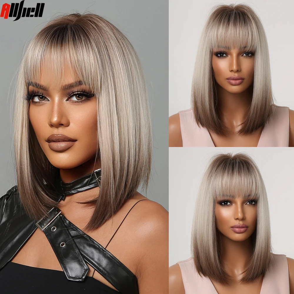 Short Straight Synthetic Wigs for Women Blonde to Brown Ombre Bob Wigs wi - £9.19 GBP+