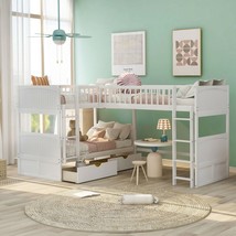 Twin Size Bunk Bed with a Loft Bed attached, with Two Drawers, White - £456.93 GBP