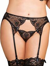 Womens Plus Size Black Sequin Embroidered Lingerie Garterbelt Set and St... - $44.95