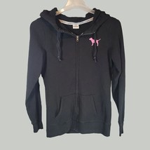 PINK Victorias Secret Sweatshirt Womens XS Love Pink Black Hooded Full Zip Up - £17.57 GBP