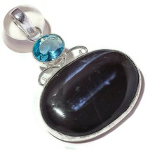 Cabochon Black Agate, Blue Topaz Gemstone 925 Silver Overlay Handmade Pendant - £9.38 GBP