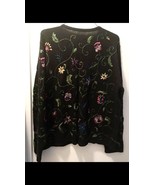 Vintage Cotton Sweater Cardigan Floral Embroidery Beaded Black Pink Gold... - $69.75 CAD