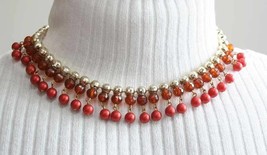 Elegant Gold-tone, Honey &amp; Wine Red Faux Pearl Necklace 1960s vintage - £11.18 GBP
