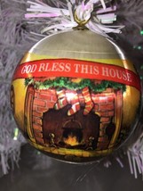 Vintage Bless our house Christmas ORNAMENT Satin Ball 3&quot; fire place tree - $7.91