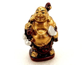 Budai, Chinese Laughing &quot;Hobo&quot; Buddha, Cherry Resin w/Gold Figurine, Vin... - £11.71 GBP