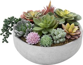 Mygift 8-Inch Faux Succulent Arrangement, Assorted Fake Plant In Gray Concrete - £39.35 GBP