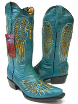 Womens Western Wear Boots Turquoise Leather Gold Sequins Cross Wings Size 4.5 - £65.65 GBP