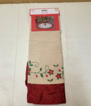 Holiday Style Christmas Tree Skirt Poinsettias 40&quot; Brown Red Trim Burlap Style - £12.36 GBP