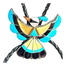 Vintage Zuni Thunderbird Inlaid Turquoise Black Onyx Bolo Tie Southweste... - $654.49
