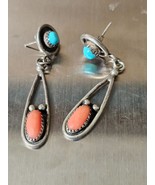 Navajo Coral Turquoise Hook Dangle Earrings Native American 925 Sterling... - $79.15