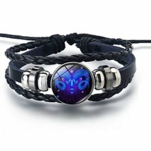 12 Constellation Zodiac Sign Bracelets Black Braided Leather Bracelet Woven Glas - £9.50 GBP